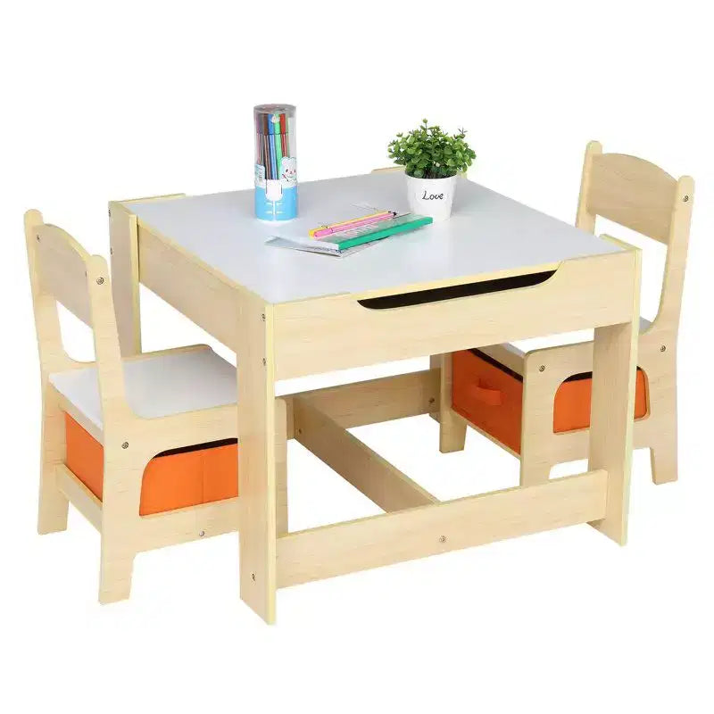 Table et 2 chaises carrées en bois naturel pour enfants, 3 pièces