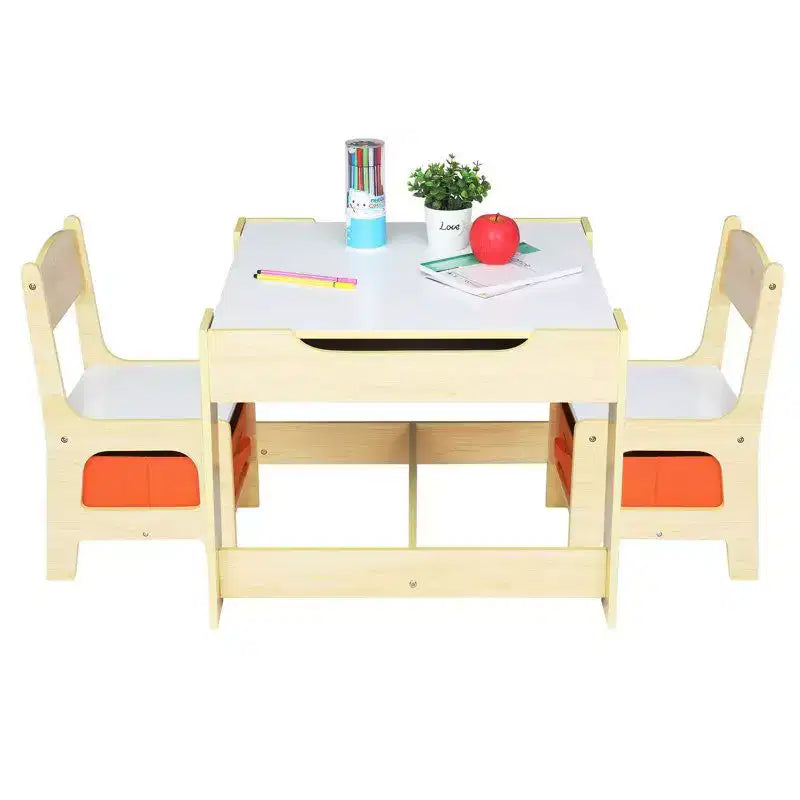 Table et 2 chaises carrées en bois naturel pour enfants, 3 pièces