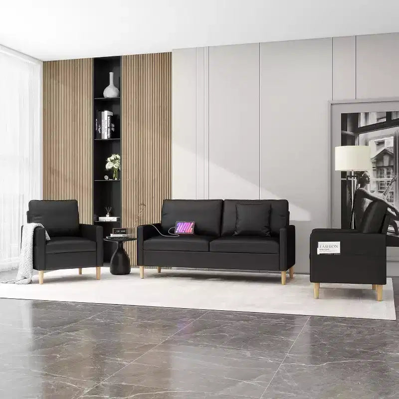 Ensemble de canapés en similicuir noir, capitonné, de style mid-century, 2-3 places