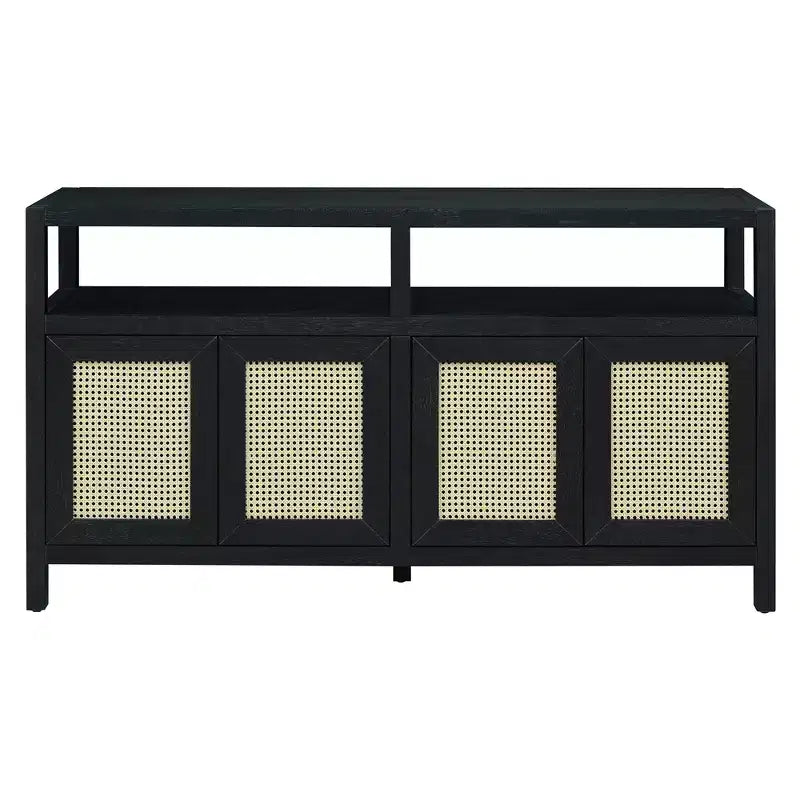 Buffet 4 portes en rotin noir/naturel style bohème, assemblage 1 personne