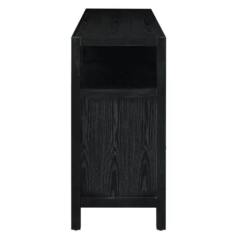 Buffet 4 portes en rotin noir/naturel style bohème, assemblage 1 personne