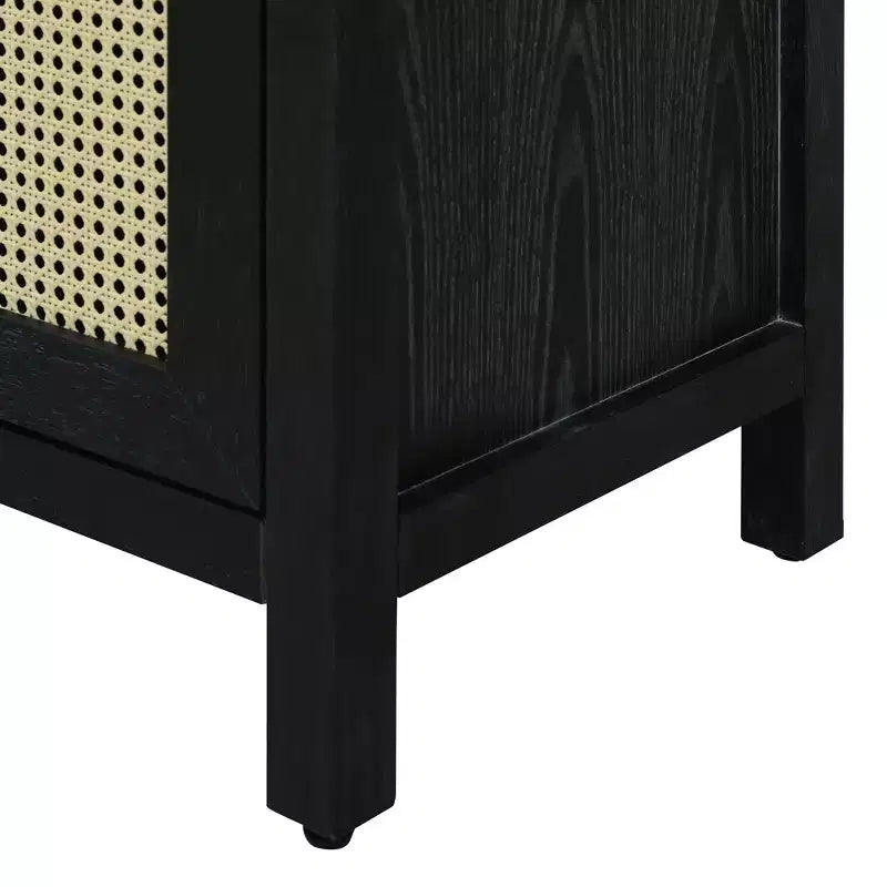 Buffet 4 portes en rotin noir/naturel style bohème, assemblage 1 personne