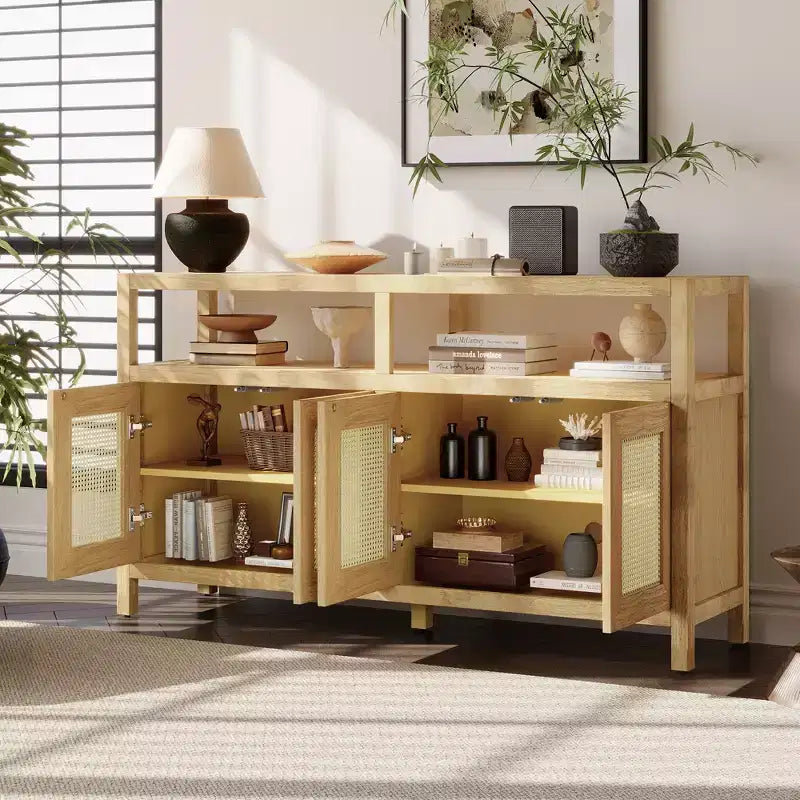 Buffet 4 portes en rotin noir/naturel style bohème, assemblage 1 personne