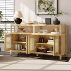 Buffet 4 portes en rotin noir/naturel style bohème, assemblage 1 personne