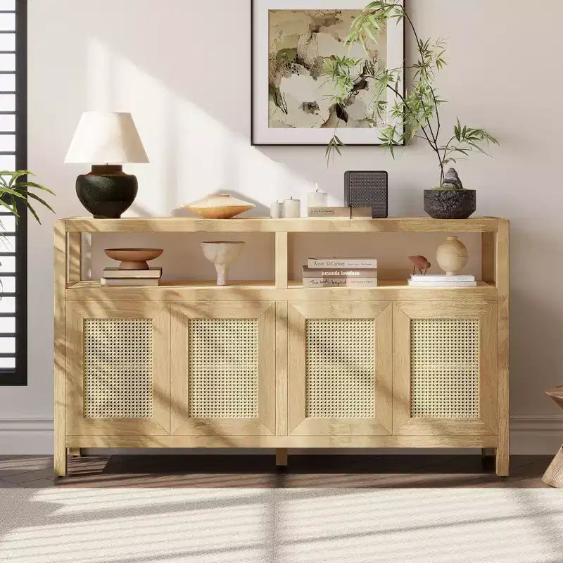 Buffet 4 portes en rotin noir/naturel style bohème, assemblage 1 personne
