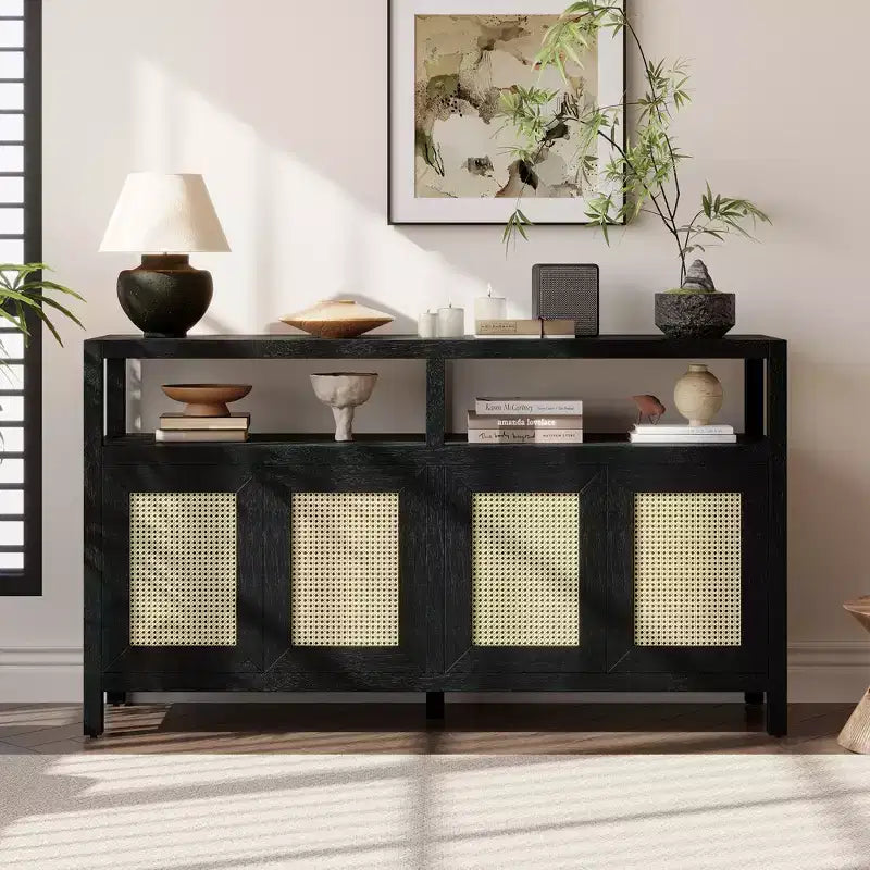 Buffet 4 portes en rotin noir/naturel style bohème, assemblage 1 personne