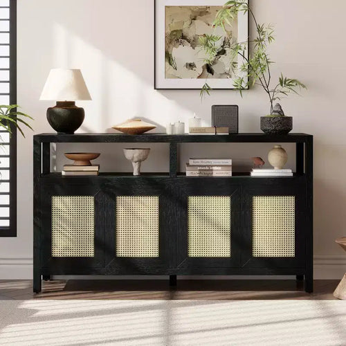 Buffet 4 portes en rotin noir/naturel style bohème, assemblage 1 personne