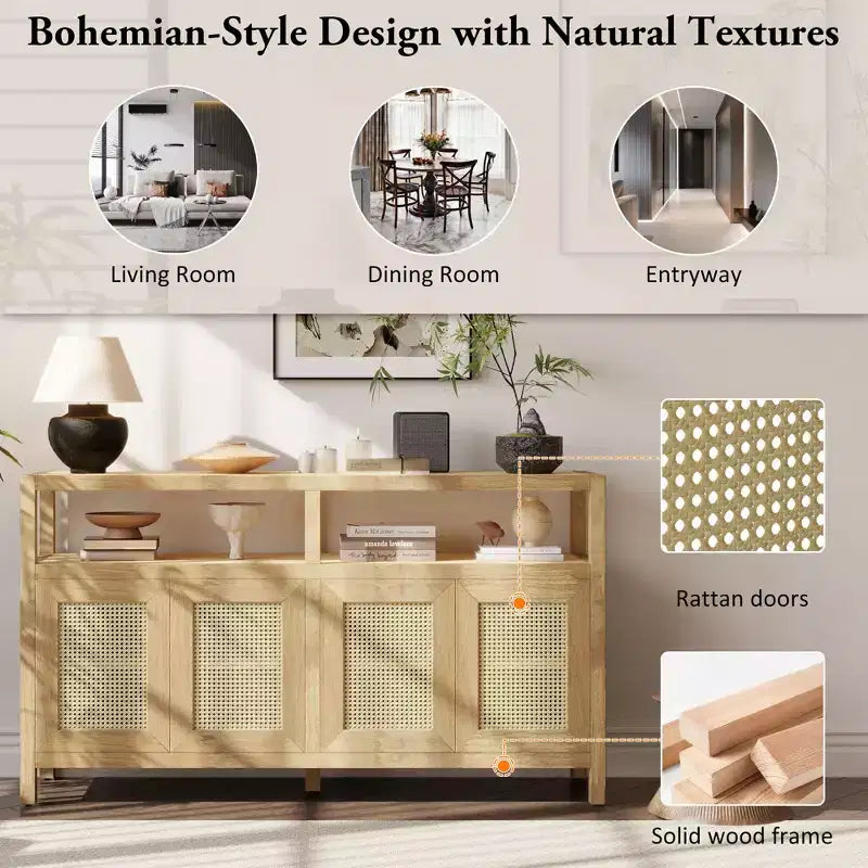Buffet 4 portes en rotin noir/naturel style bohème, assemblage 1 personne