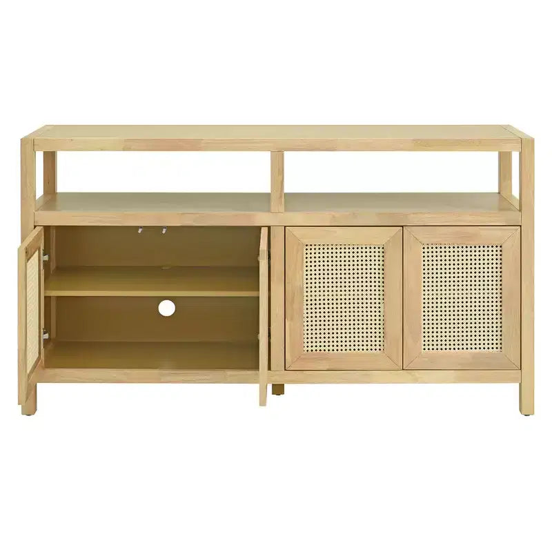 Buffet 4 portes en rotin noir/naturel style bohème, assemblage 1 personne