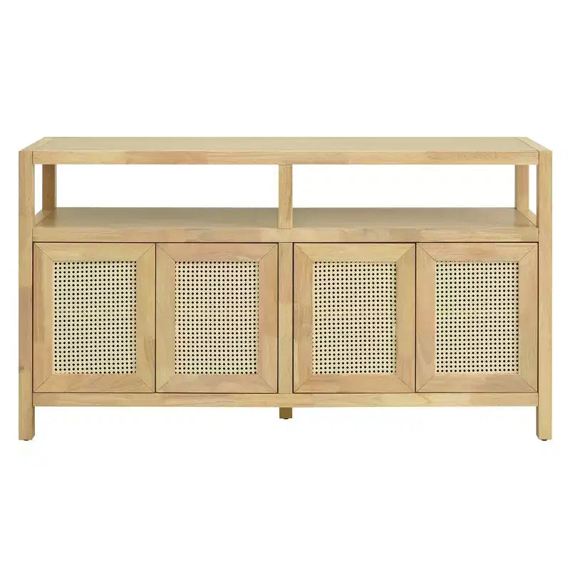 Buffet 4 portes en rotin noir/naturel style bohème, assemblage 1 personne