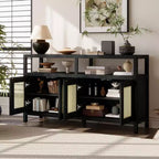 Buffet 4 portes en rotin noir/naturel style bohème, assemblage 1 personne