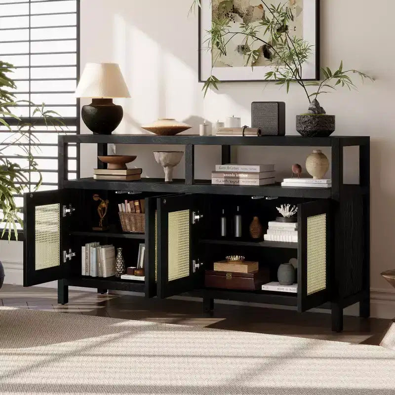 Buffet 4 portes en rotin noir/naturel style bohème, assemblage 1 personne