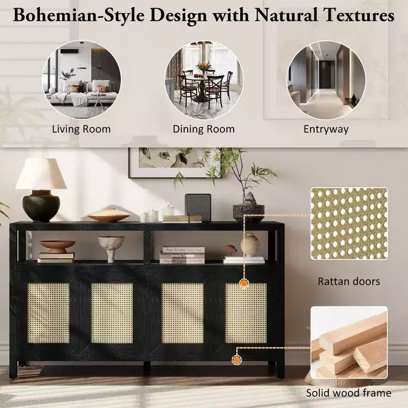 Buffet 4 portes en rotin noir/naturel style bohème, assemblage 1 personne