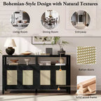 Buffet 4 portes en rotin noir/naturel style bohème, assemblage 1 personne