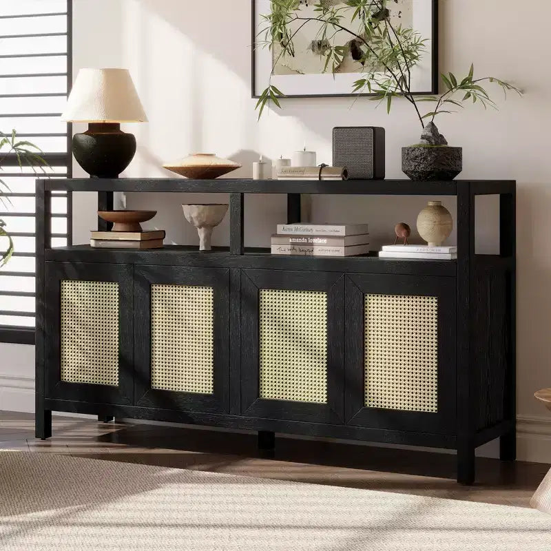 Whisen Bohemian Style Rattan Buffet Storage Cabinet with Solid Wood Frame