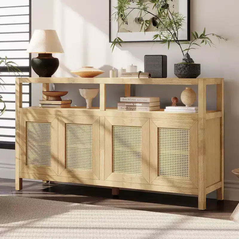 Buffet 4 portes en rotin noir/naturel style bohème, assemblage 1 personne