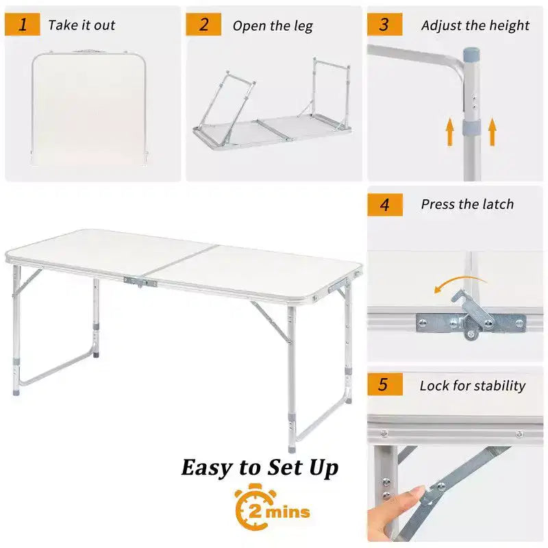 Table pliante rectangulaire ajustable en argent pour 2 personnes