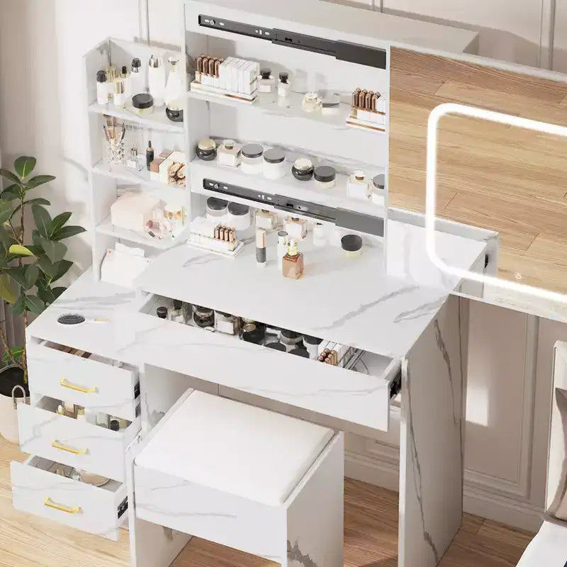 Coiffeuse en marbre blanc avec miroir coulissant LED et tabouret, 1 personne