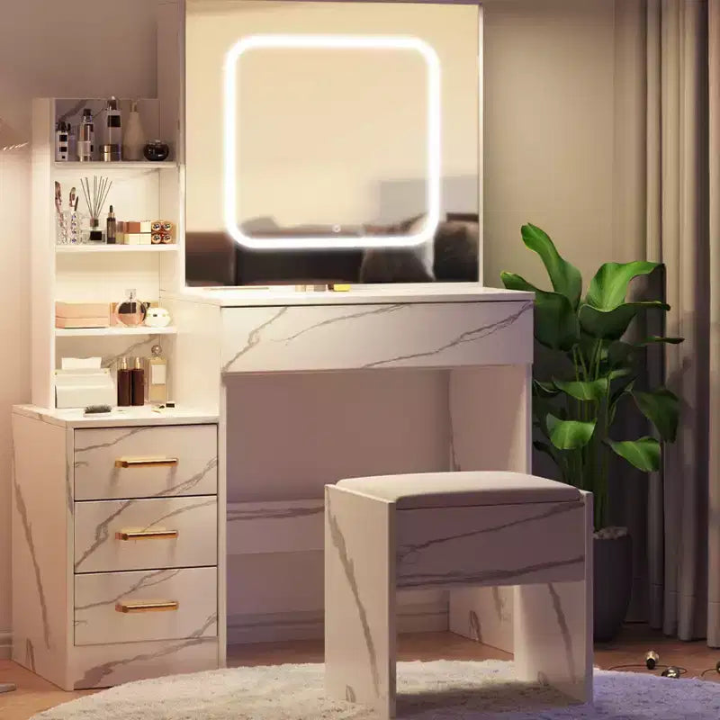 Coiffeuse en marbre blanc avec miroir coulissant LED et tabouret, 1 personne