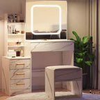 Coiffeuse en marbre blanc avec miroir coulissant LED et tabouret, 1 personne