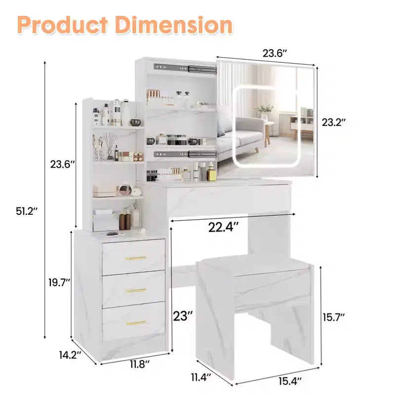 Coiffeuse en marbre blanc avec miroir coulissant LED et tabouret, 1 personne
