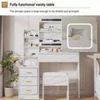 Coiffeuse en marbre blanc avec miroir coulissant LED et tabouret, 1 personne