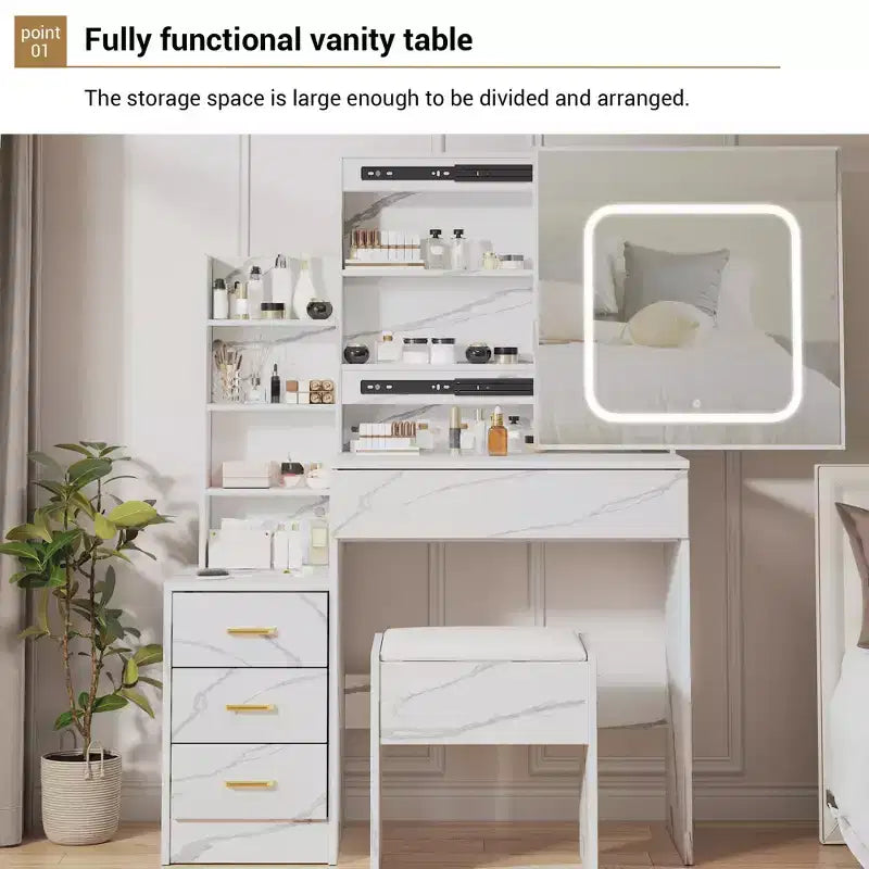Coiffeuse en marbre blanc avec miroir coulissant LED et tabouret, 1 personne