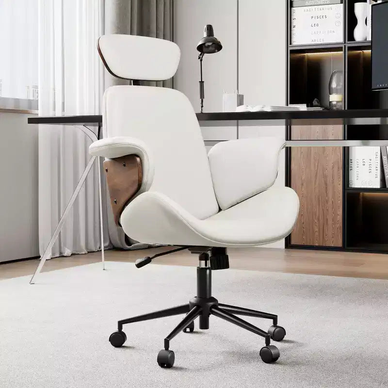 Chaise de bureau pivotante en similicuir PU noir/blanc avec accoudoirs en bois courbé, individuelle