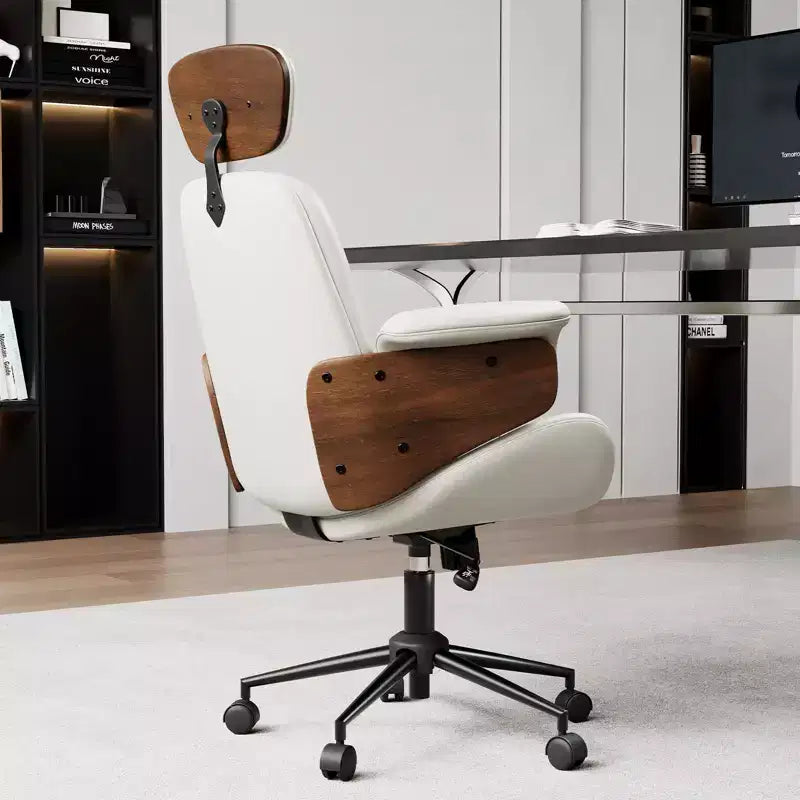 Chaise de bureau pivotante en similicuir PU noir/blanc avec accoudoirs en bois courbé, individuelle