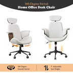 Chaise de bureau pivotante en similicuir PU noir/blanc avec accoudoirs en bois courbé, individuelle