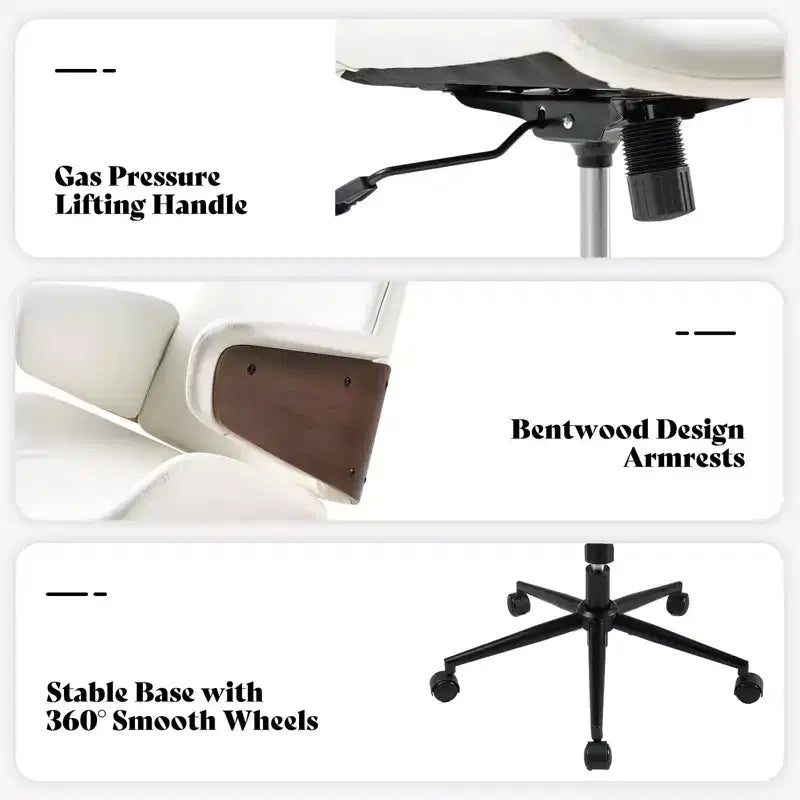 Chaise de bureau pivotante en similicuir PU noir/blanc avec accoudoirs en bois courbé, individuelle