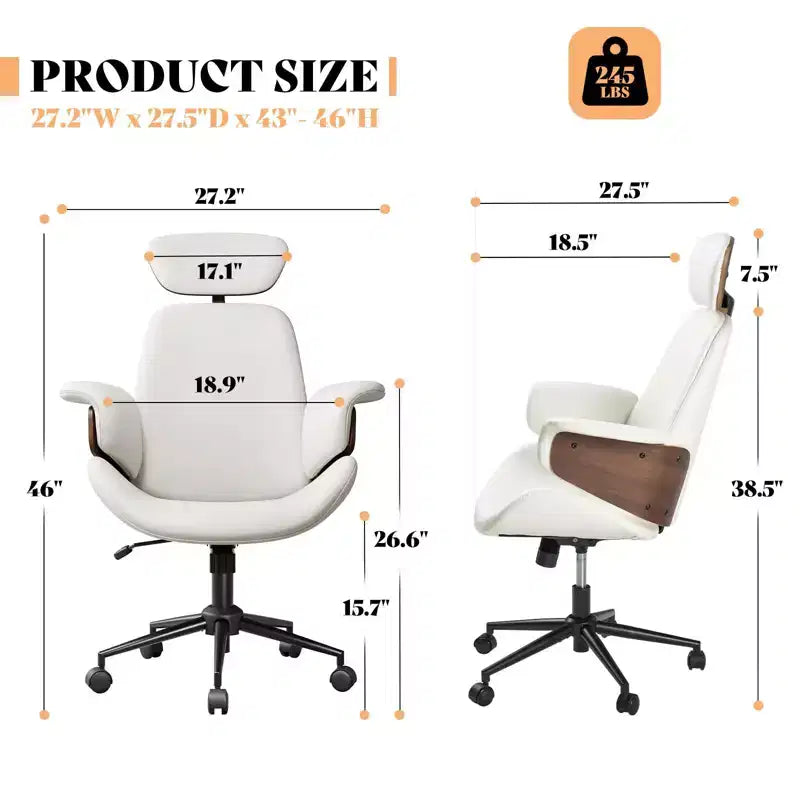 Chaise de bureau pivotante en similicuir PU noir/blanc avec accoudoirs en bois courbé, individuelle
