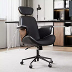 Chaise de bureau pivotante en similicuir PU noir/blanc avec accoudoirs en bois courbé, individuelle
