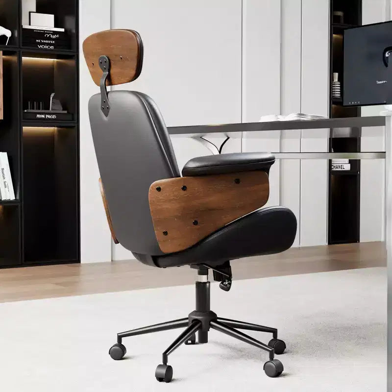 Chaise de bureau pivotante en similicuir PU noir/blanc avec accoudoirs en bois courbé, individuelle