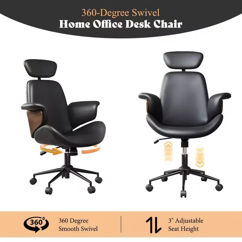 Chaise de bureau pivotante en similicuir PU noir/blanc avec accoudoirs en bois courbé, individuelle