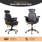 Chaise de bureau pivotante en similicuir PU noir/blanc avec accoudoirs en bois courbé, individuelle