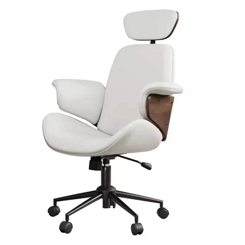 Chaise de bureau pivotante en similicuir PU noir/blanc avec accoudoirs en bois courbé, individuelle