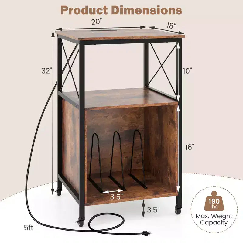 Support de platine vinyle roulant à 3 niveaux marron rustique et noir, pour 1