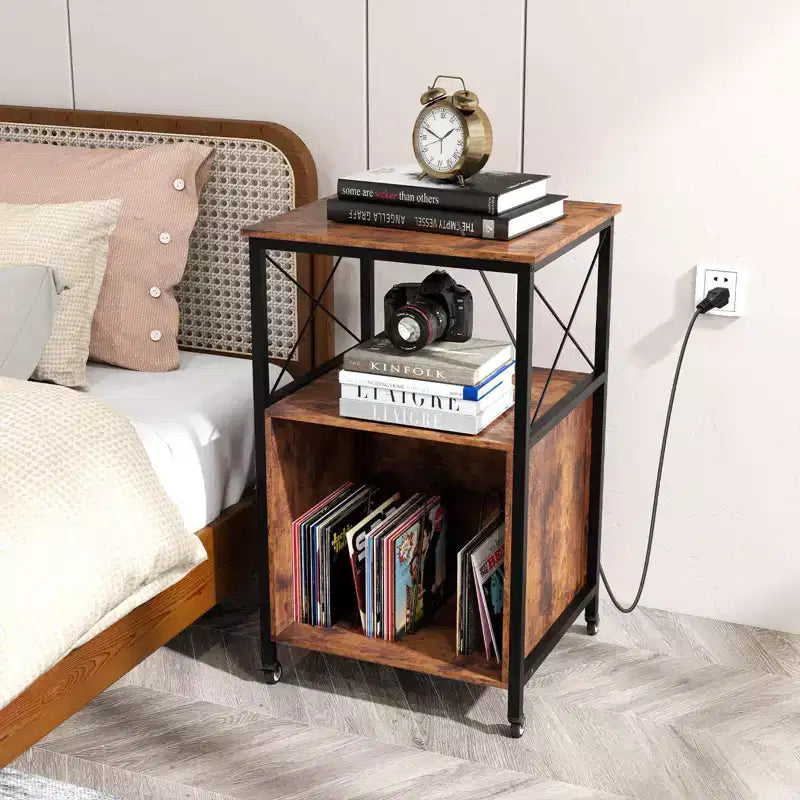 Support de platine vinyle roulant à 3 niveaux marron rustique et noir, pour 1