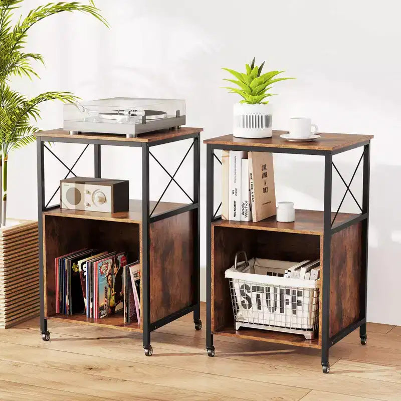 Support de platine vinyle roulant à 3 niveaux marron rustique et noir, pour 1