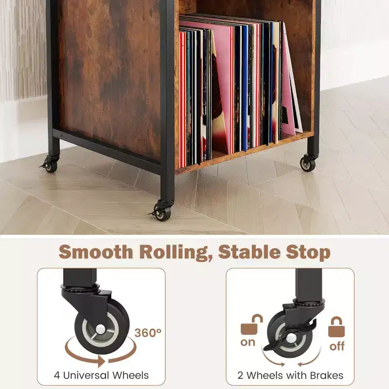 Support de platine vinyle roulant à 3 niveaux marron rustique et noir, pour 1
