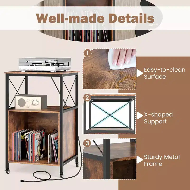 Support de platine vinyle roulant à 3 niveaux marron rustique et noir, pour 1