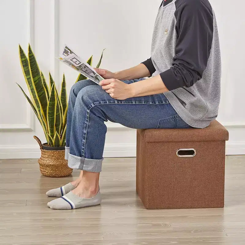 Banc de rangement ottoman en lin marron/gris/vert/beige/rose – 1 personne, 38/48/61/76/109 cm