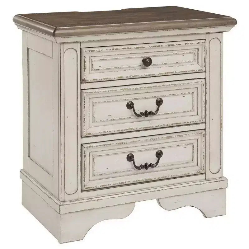Table de chevet blanche aspect vieilli avec 3 tiroirs et port de charge intégré, 1 personne