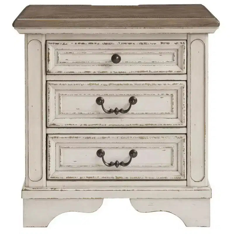 Table de chevet blanche aspect vieilli avec 3 tiroirs et port de charge intégré, 1 personne