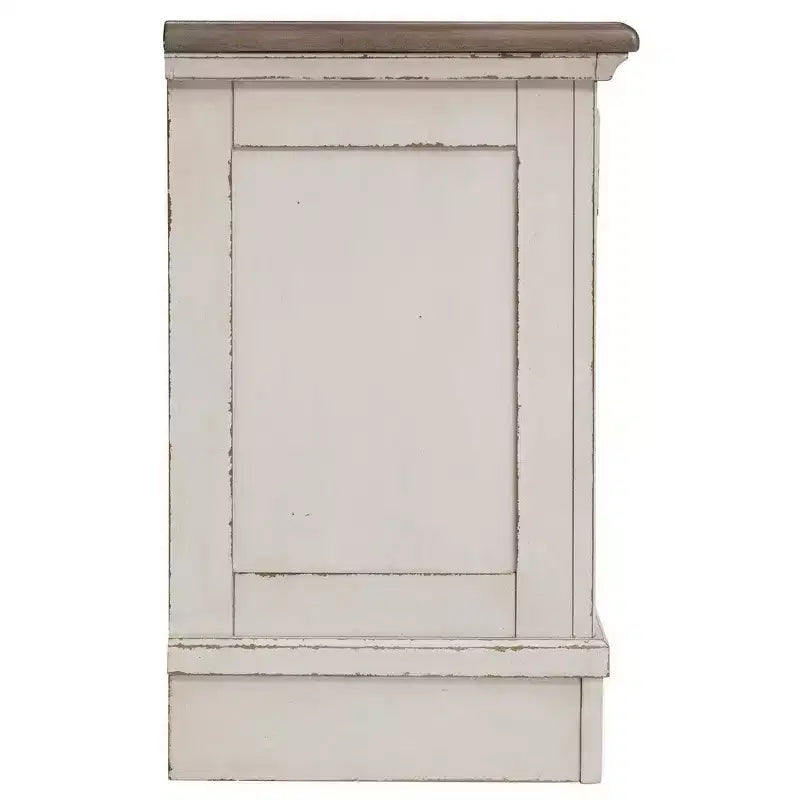 Table de chevet blanche aspect vieilli avec 3 tiroirs et port de charge intégré, 1 personne