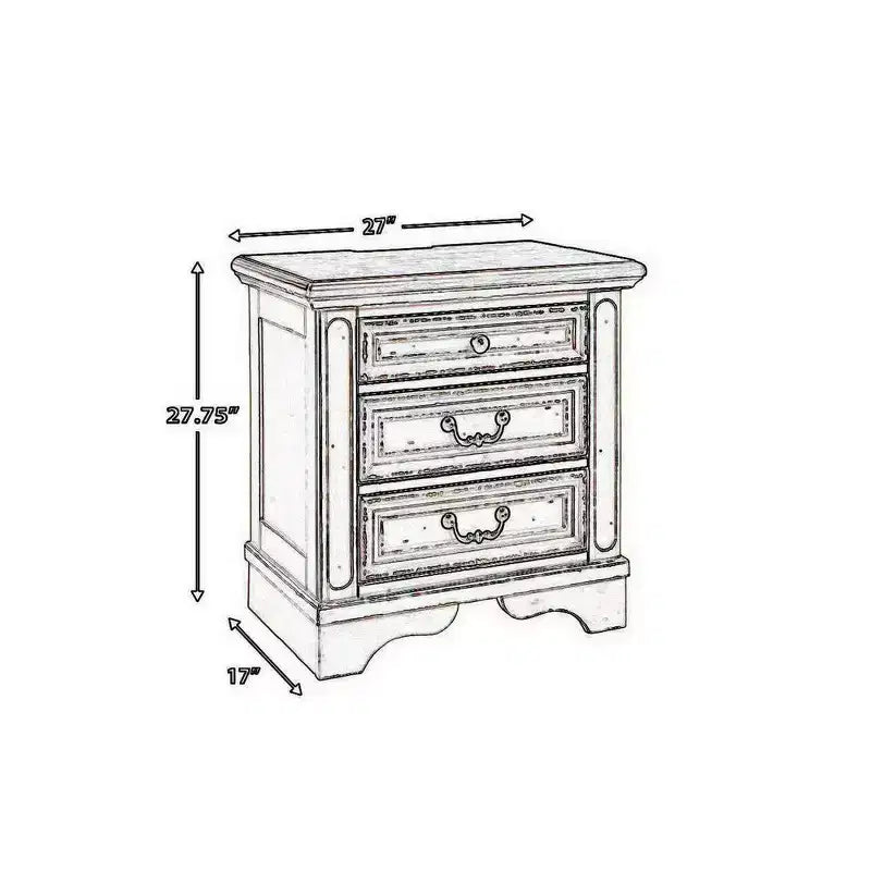 Table de chevet blanche aspect vieilli avec 3 tiroirs et port de charge intégré, 1 personne
