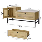 Banc à chaussures en rotin marron avec coussin, tiroir et étagère – 1 place