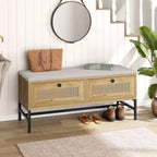 Banc à chaussures en rotin marron avec coussin, tiroir et étagère – 1 place
