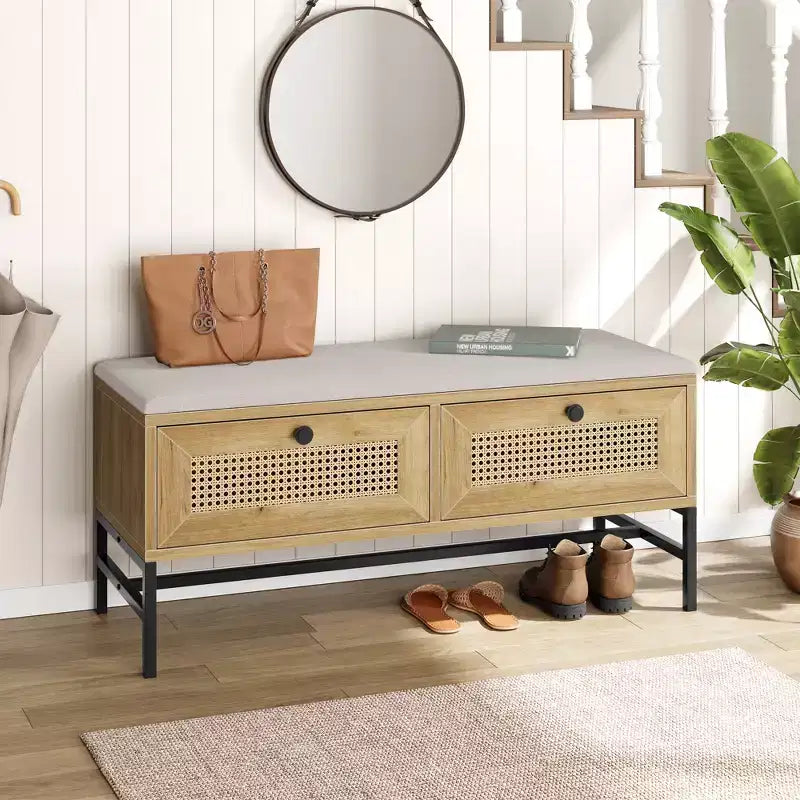 Banc à chaussures en rotin marron avec coussin, tiroir et étagère – 1 place